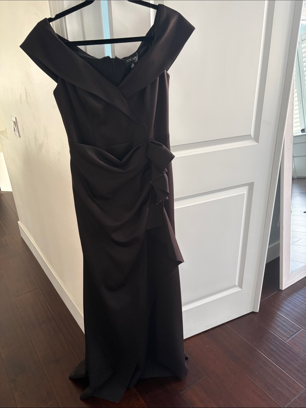 Xscape  Black Evening Dress with Side Ruffle Detail